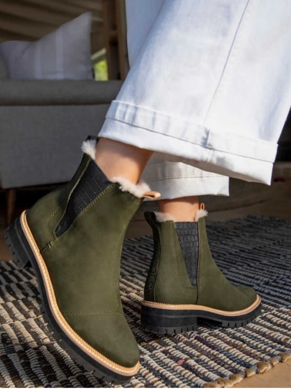 Toms Dakota Water Resistant Lug Sole Olive Suede Shearling-Trim Chelsea Bootie